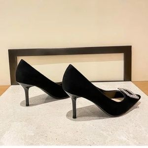 New velvet fine heel rhinestone cubes with pointed shallow mouth shoes